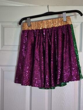 Sequin Mardi Gras Skater Skirt in Purple/Green with Gold Waistband Accent!